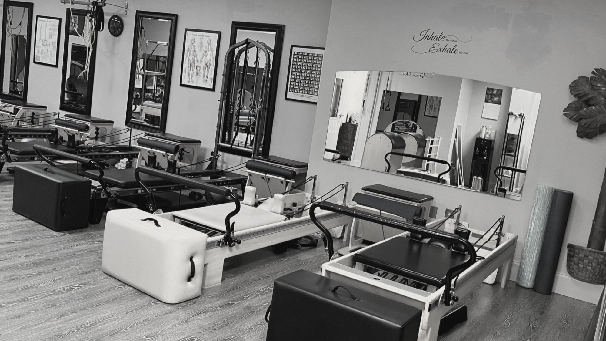 The fully equipped studio: rows of Balanced Body reformers, mirrors and the Inhale / Exhale wall lettering